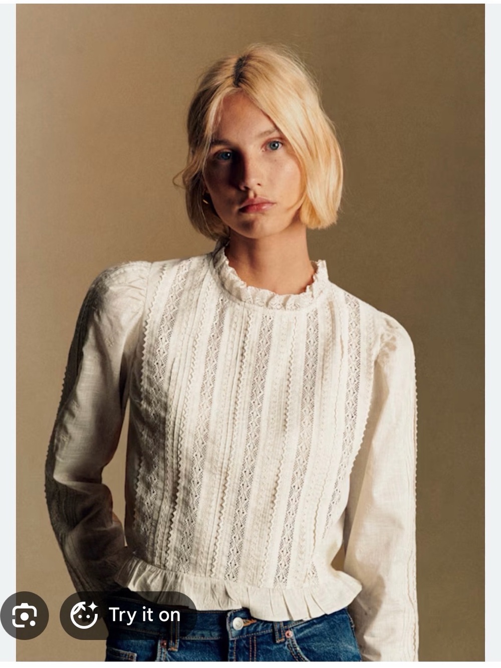 Sézane Ecru Lace-Trim Peasant Blouse